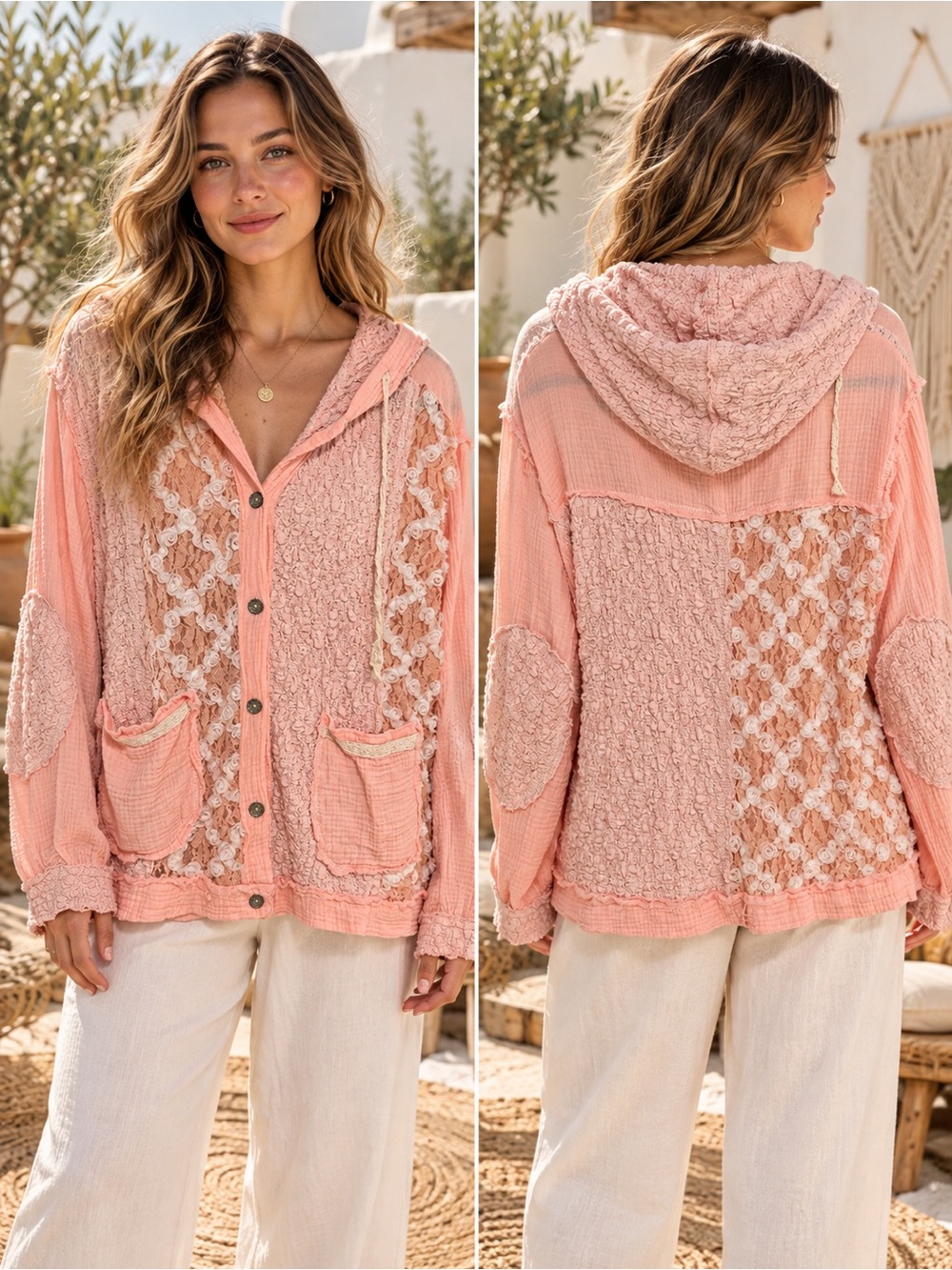 350 POL Pink Textured Hooded Button Down Size Medium